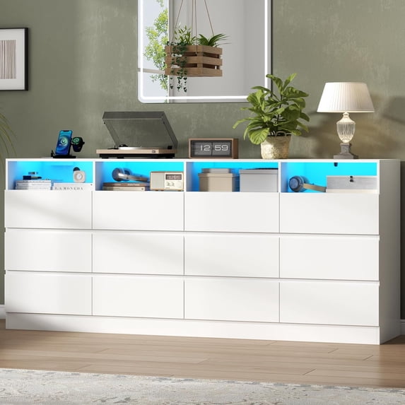12-Drawer White Dresser with Charging Station and LED Lights, 63" Quadruple Wide TV Stand for TVs up to 75", Large Organizer with 4 Open Cubbies for Bedroom