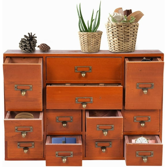 12-Drawer Wood Desk Organizer, Desktop Drawer Tabletop Storage Organization Box with Label Slot for Home Office, No Assembly Required (Brown)