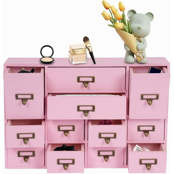 12-Drawer Wood Desk Organizer, Desktop Drawer Tabletop Storage Organization Box with Label Slot for Home Office, No Assembly Required (Pink)