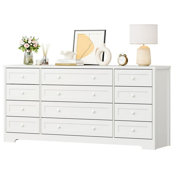 12 Drawer Wood Dresser - Modern Wide Chest for Bedroom Living Room, 65 Inch TV Stand, Wooden Storage for Hallway Entryway
