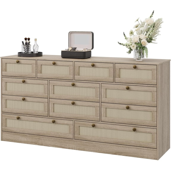 12 Drawer Wood Dresser for Bedroom, Wide Rattan Chest of Drawers and TV Stand for 65 Inch TV, Storage Cabinet for Living Room and Hallway,Natural