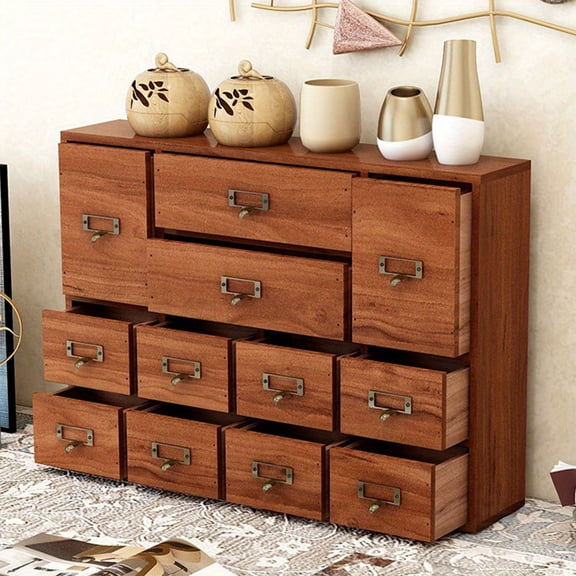 12 Drawer Wooden Apothecary Cabinet with Label Slot & Metal Handle Desk Drawer Organiser  Stationery Storage Rack for Bedroom Organization Storage, Desk & Drawer Organizer for Home Storage