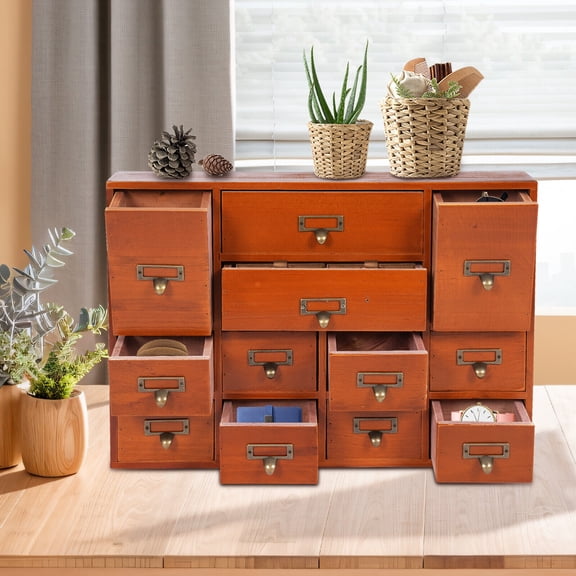 Vintage Wooden 12-Drawer Apothecary Cabinet, Stackable Desktop Organizer Brown Storage Chest for Tea Herbs Stationery