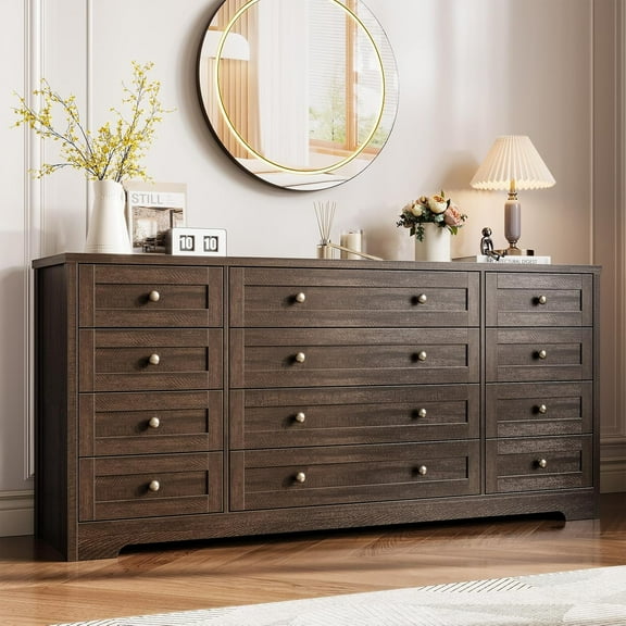 12-Drawer Wooden Dresser, Modern Chest of Drawers & TV Stand for 65-Inch TV, Bedroom, Closet, Living Room, Hallway, Brown