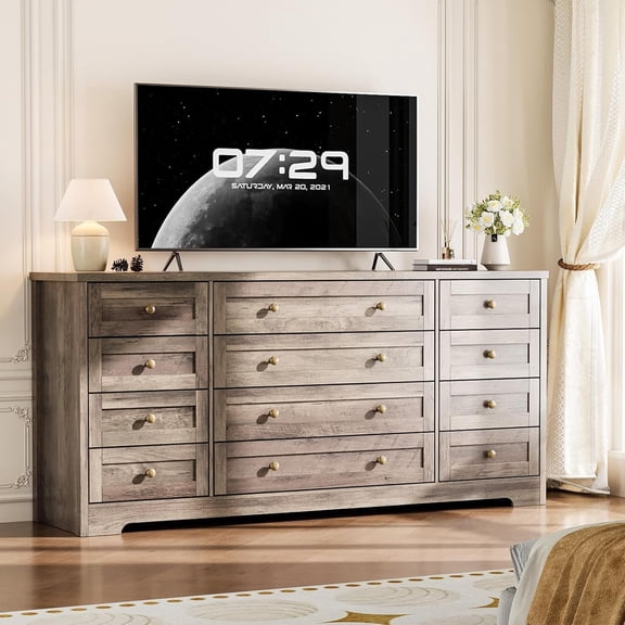 Twister.CK 12-Drawer Wooden Dresser, Modern Chest of Drawers & TV Stand for 65-Inch TV, Bedroom, Closet, Living Room, Hallway, Gray