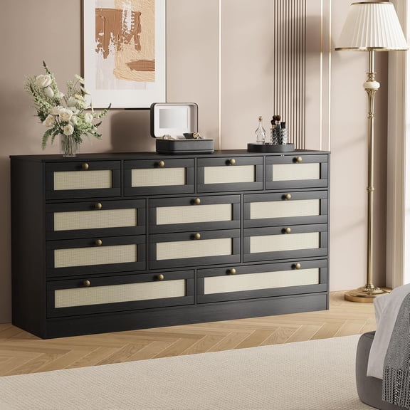 12-Drawer Wooden Dresser, Modern TV Stand & Chest of Drawers for 65-Inch TV, 61-Inch Wide Storage for Bedroom, Living Room, Closet, Hallway, Black