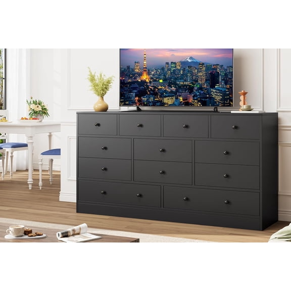 12 Drawer Wooden Dresser TV Stand, Wide Modern Chest of Drawers for Bedroom, Living Room, Hallway and Entryway, 63 in Top, Anti-Tip Hardware,Black