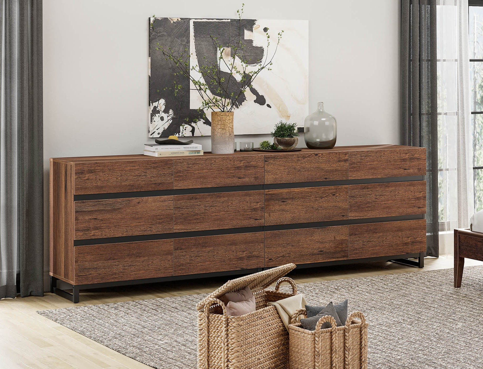 12-Drawer Wooden Dresser with Metal Base, Modern Chest of Drawers & Closet Organizer for Bedroom, Living Room, Brown