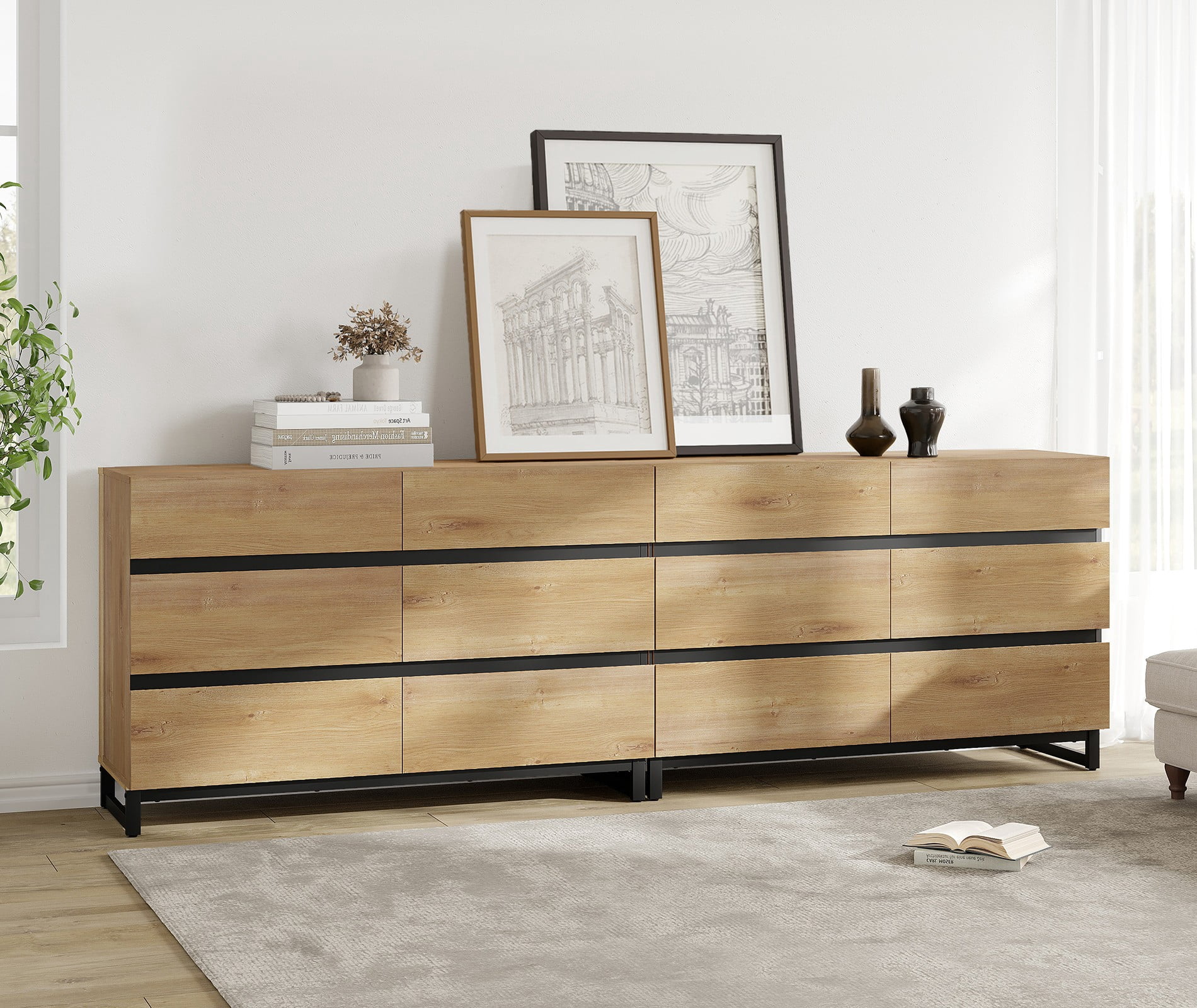 12-Drawer Wooden Dresser with Metal Base, Modern Chest of Drawers & Closet Organizer for Bedroom, Living Room, Oak