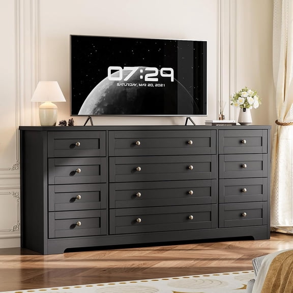 12 Drawer Wooden Dressers for Bedroom, Modern Chest of Drawers for Adult, Wide TV Stand Dresser for 65" TV, Wooden Dressers for Living Room, Hallway, 63" L × 15.74" W
