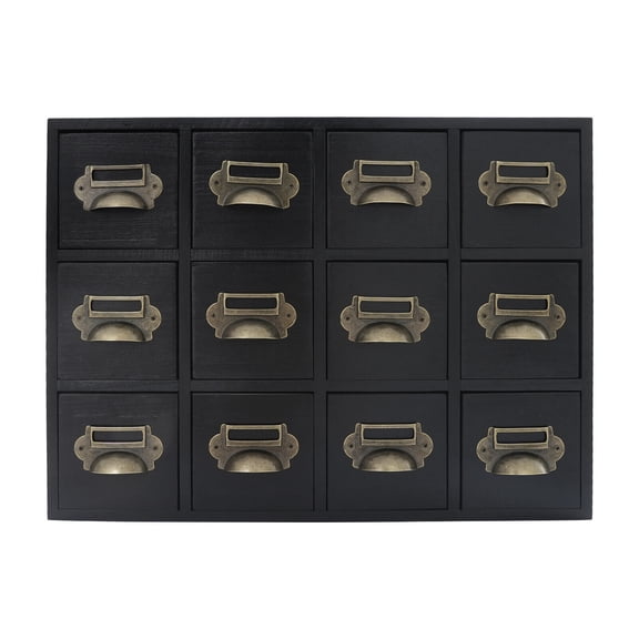 12-Drawer Wooden Storage Cabinet - Vintage Black Organizer for Jewelry, Spices, Makeup & Office Supplies - Solid Wood Construction, 22lb Capacity (16.5"x6.3"x12.5")