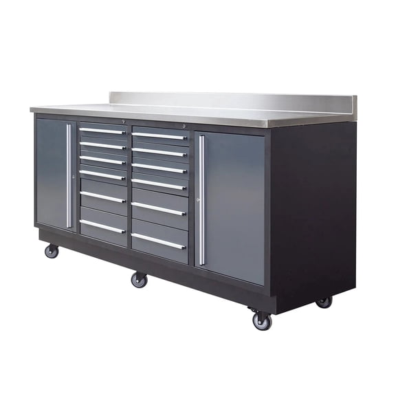 TMG Industrial TMG Heavy Series 7-Ft 12-Drawer Workbench with Stainless Steel Top, Ball Bearing Double Slides & Casters TMG-WB712