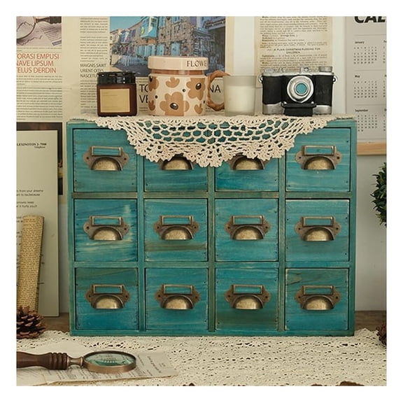 12 Drawers Cabinet with Handles,Desktop Library Card Catalog Cabinet, Storage Box,Blue