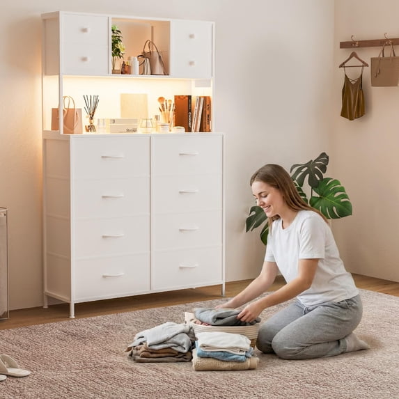 12 Drawers Dresser for Bedroom Fabric Dresser with LED Lights & Power Outlet, Open Shelves, Wood Top & Metal Frame for Bedroom, Hallway or Living Room