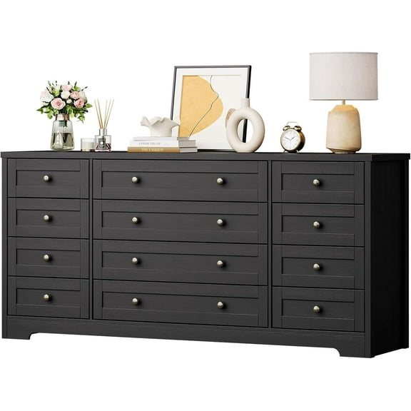 12 Drawers Dresser for Bedroom Wooden, Modern Wide TV Stand Dressers for 65 Inch TV, Wood Chest of Drawers, Farmhouse Clothes Storage for Living Room, Hallway, Black