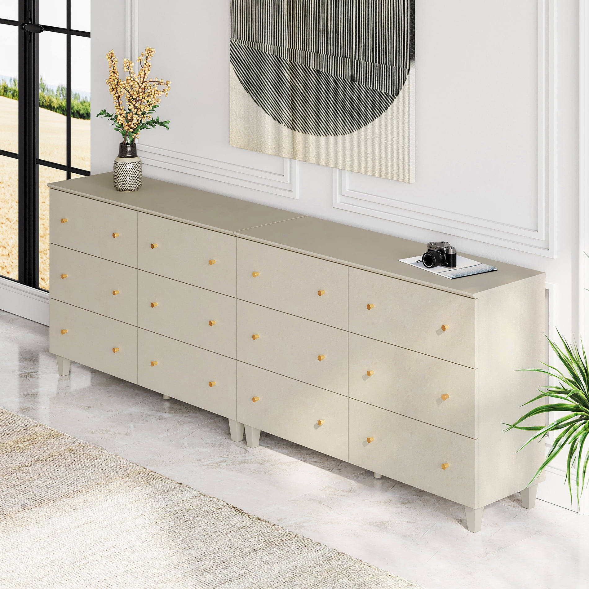12 Drawers Dresser for Bedroom, 2-in-1 Modern Wooden Chest of Drawers, 94" Wide, Beige Linen Printed Finish
