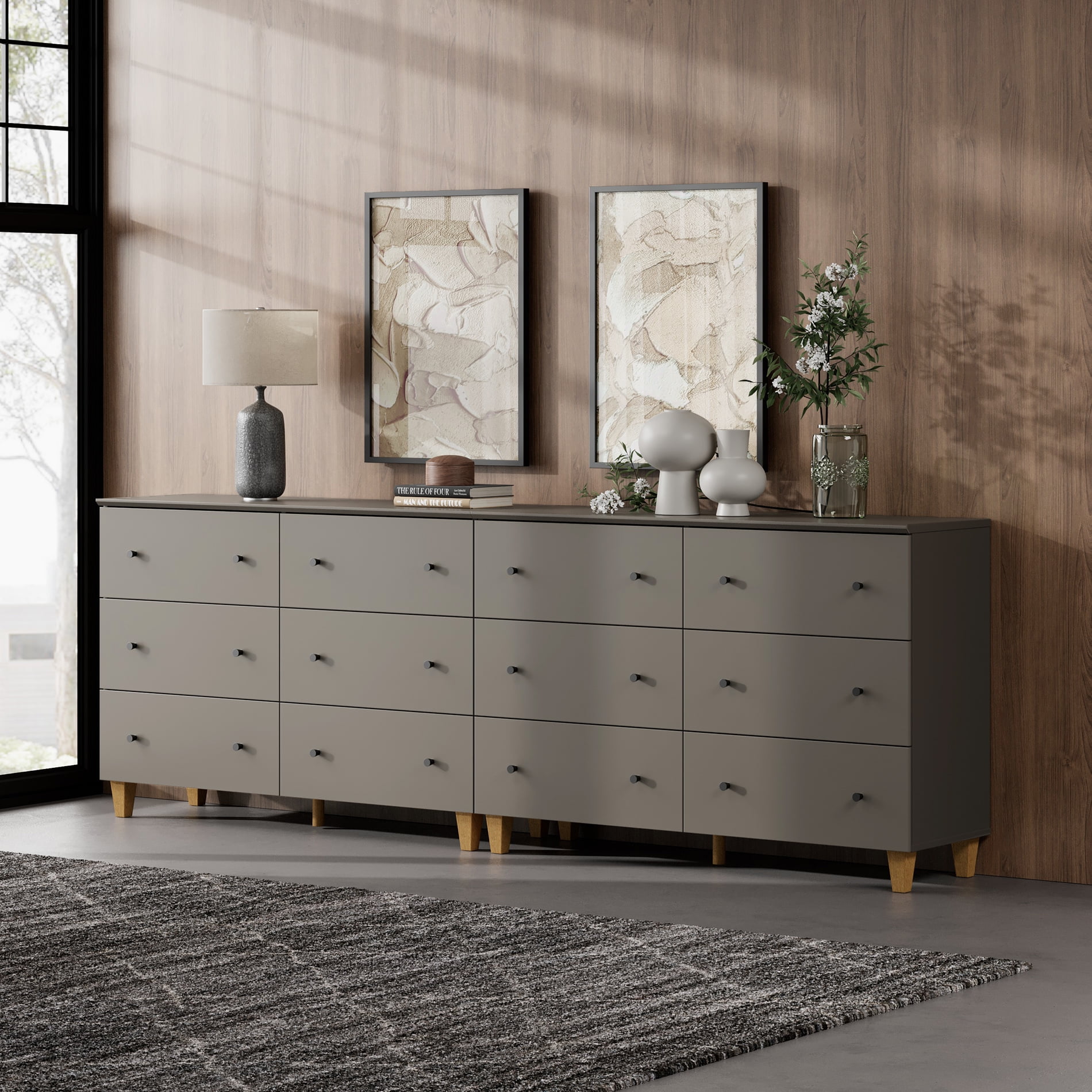 12 Drawers Dresser for Bedroom, 2-in-1 Modern Wooden Chest of Drawers, 94" Wide, Dark Gray Finish