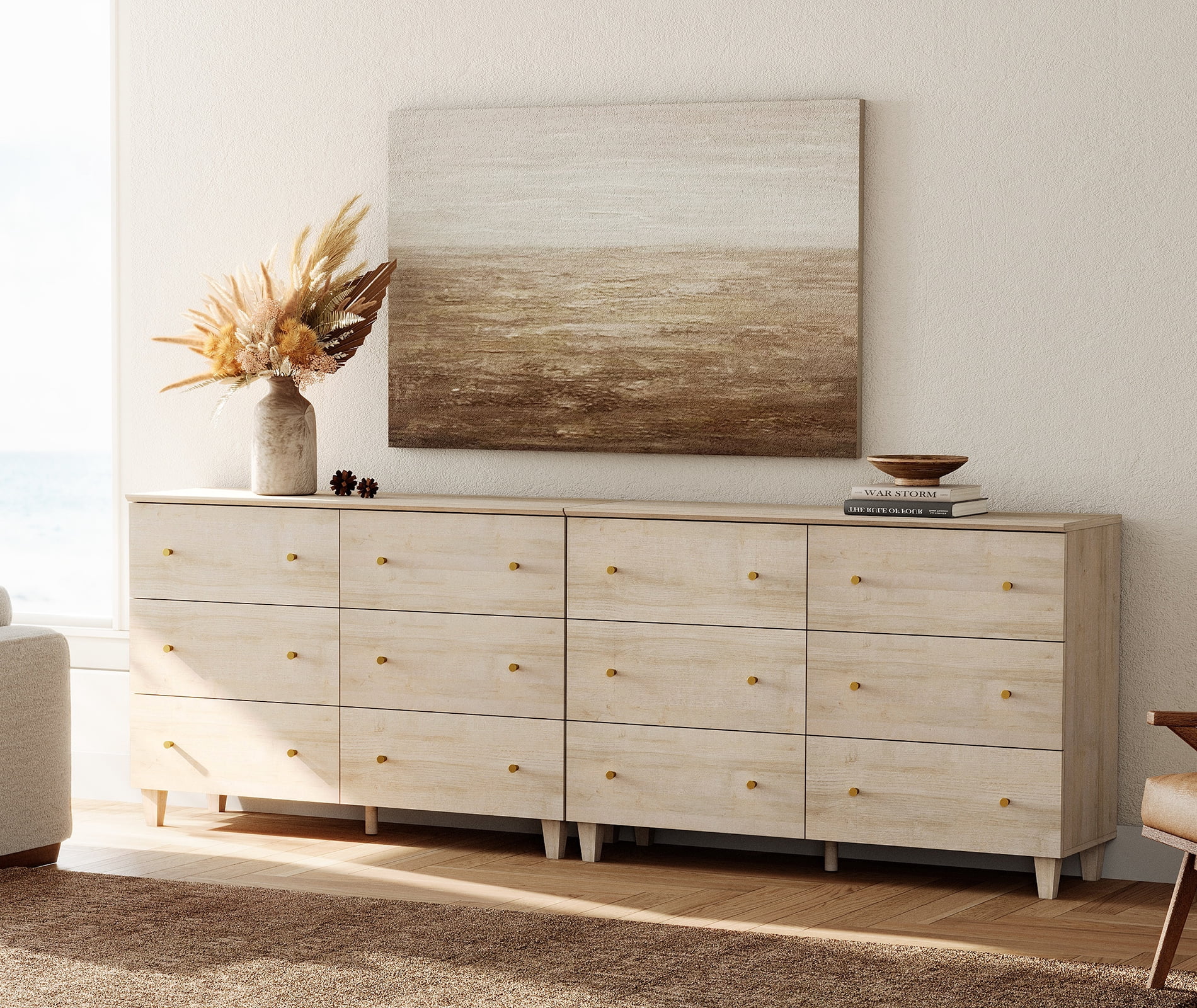 12 Drawers Dresser for Bedroom, 2-in-1 Modern Wooden Chest of Drawers, 94" Wide, Light Oak Wood Finish