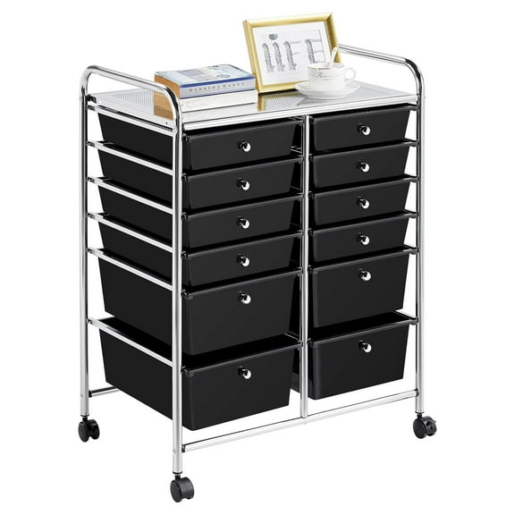 12 Drawers Rolling Storage Cart Multipurpose Movable Organizer Cart Trolley Tools Scrapbook Paper Organizer on Wheels, Black