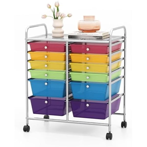 12 Drawers Rolling Storage Cart, Multipurpose Storage Organizer Cart with Lockable Casters, Mobile Utility Cart for Garage Office Home Kitchen (Rainbow+Clear)