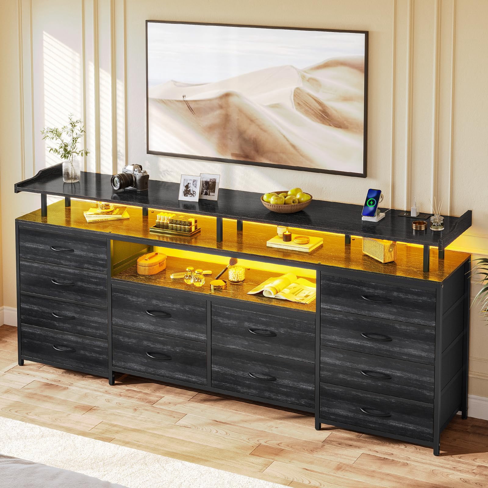 GAOMON 9-Drawer TV Stand Dresser With Charging Station - Black Media Console With Outlets & USB