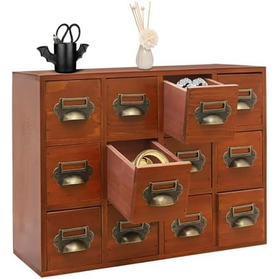12 Drawers Vintage Apothecary Cabinet with Drawers Tabletop Apothecary Drawers Library Card Catalog Cabinet Medicine Cabinets Wood Desk Organizer WoodenStorage Box (Brown)$$Office