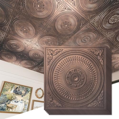 12- Drop Ceiling Tiles 2x2 FT, Decorative Easy Install PVC Ceiling Panels for Interior Kitchen Bathroom Basement, 24x24 Inch, Antique Copper
