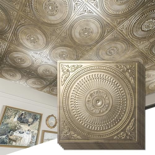12- Drop Ceiling Tiles 2x2 FT, Decorative Easy Install PVC Ceiling Panels for Interior Kitchen Bathroom Basement, 24x24 Inch, Antique