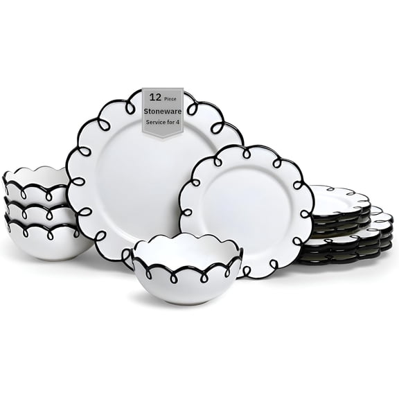 12- Earthenware Dinnerware Set for 4, Glossy White Plates and Bowls Sets with Black Scalloped Rims, Dish Set, Valentine's Day Dishes for Gifting & Romantic Hosting, Splash of Cheers