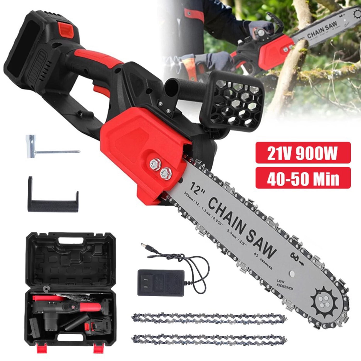 12" Electric Chainsaw Cordless Handheld Chain Saw Wood Cutter + Battery 2 Chains, Ideal for Medium Yard, Garden, and Farm Wood Cutting