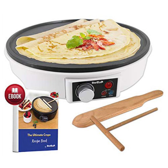 12" Electric Crepe Maker by StarBlue with FREE Recipes e-book and Wooden Spatula - Nonstick and Portable Pan, Compact, Easy Clean with On/off button AC 120V 50/60Hz 1000W