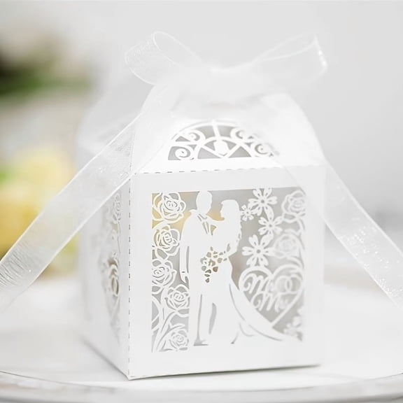 12 Elegant Laser Cut Paper Wedding Gift Boxes with Ribbons - Bride and Groom Design for Special Occasions