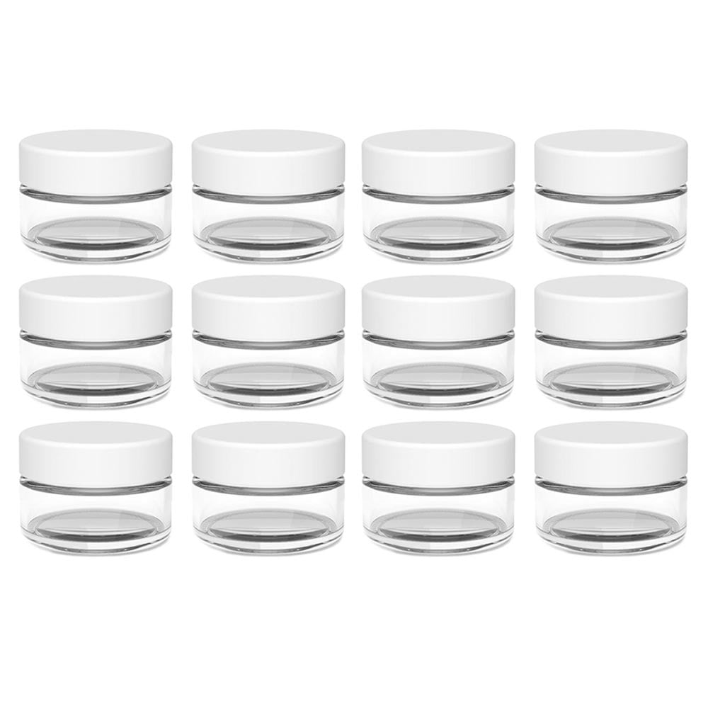 12 Empty Clear Round Jars Small Cosmetic Sample Size Travel Cream Container Lids