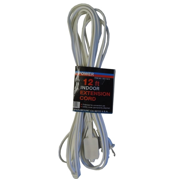 12' Extension Cord, 16 Gauge 2 Wire, With 3 Outlet Power Tap