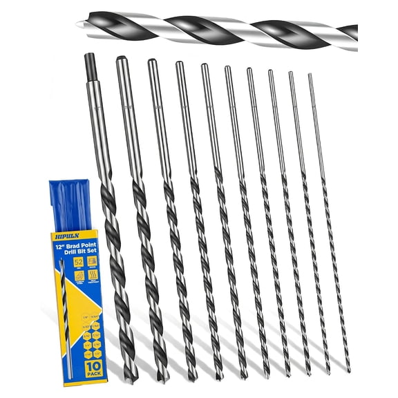 12 Extra Long Drill Bit Set, 10PCS Brad Point Drill Bits for Wood for Precise Woodworking with Laser Marks & Storage Case (1/8", 5/32", 3/16", 1/4", 5/16" 3/8", 7/16", and 1/2")