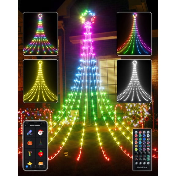 12 FT 236 LED Outdoor Christmas Smart Star Waterfall Lights 74 Modes Color Changing DIY Tree String Light App Control Music Timer for Xmas Thanksgiving Parties Porch Holiday Lawn Decor