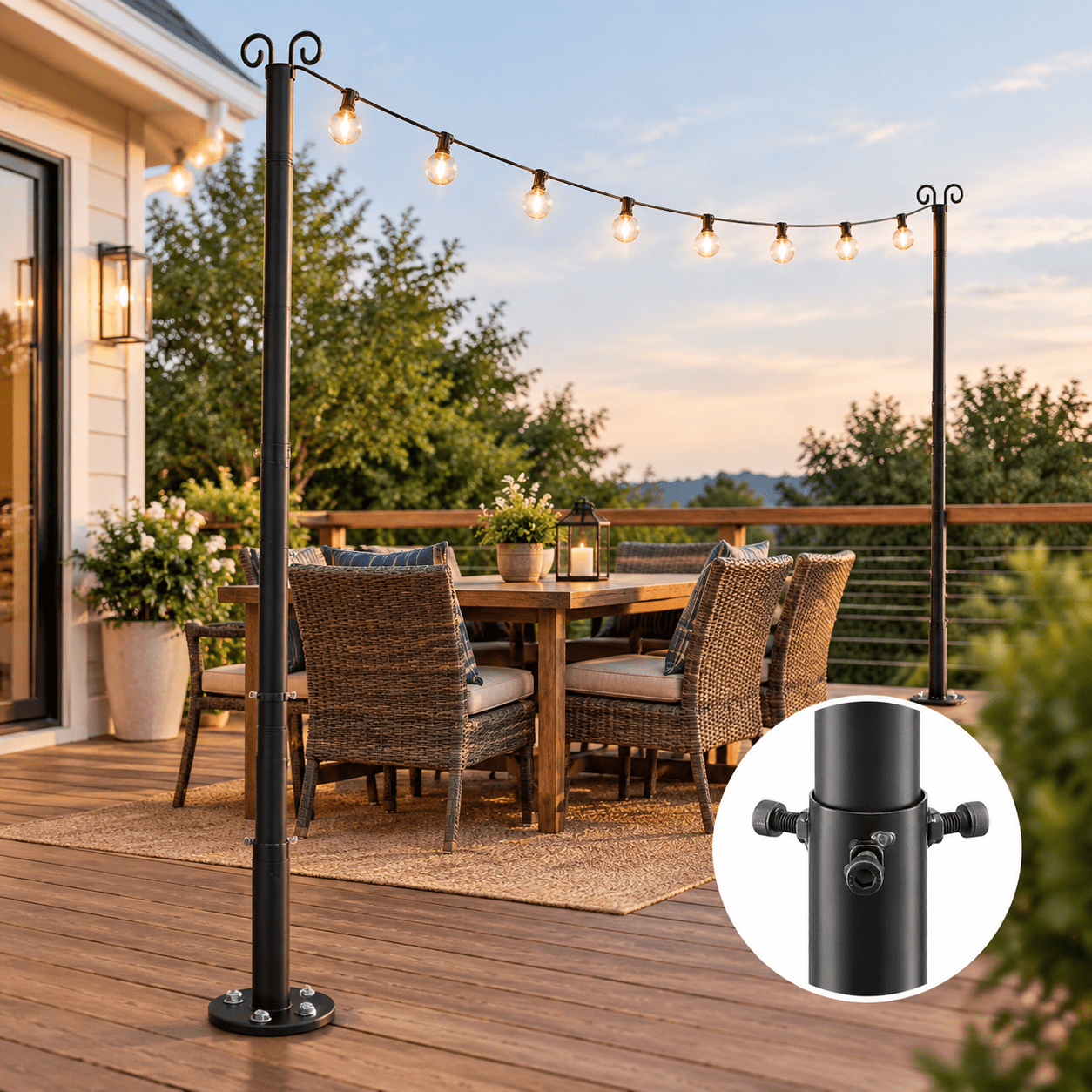 12 FT (2Pack) Adjustable Outdoor String Light Poles For Deck & Hard ...