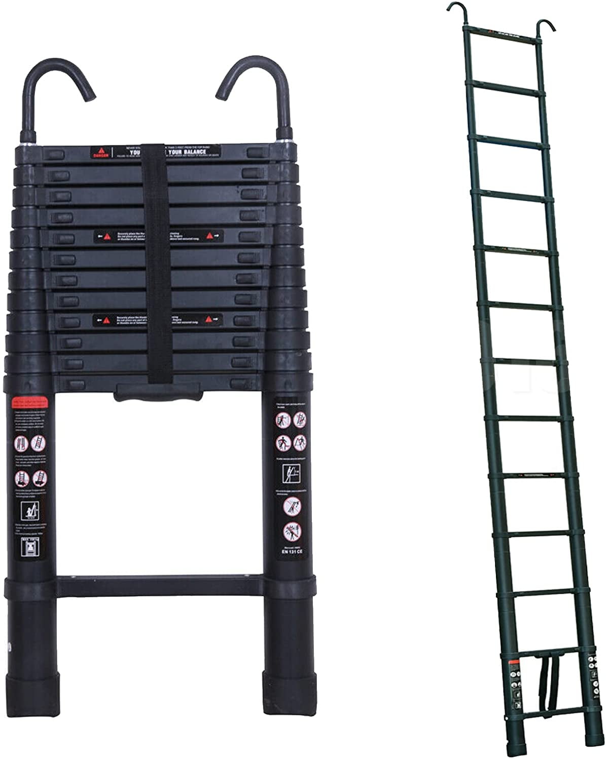 Dayplus 10.5ft Telescopic Folding Ladder Extension Aluminum 3.2m Black Straight Ladder with 2 Hooks Anti Slip Multi Purpose EN131
