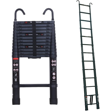 12 FT Aluminum Telescoping Ladder with 2 Detachable Roof Hooks Extension Ladder for Home, Multi-Purpose Rv Ladder Loft Ladder Max 330 Lb Capacity, EN131