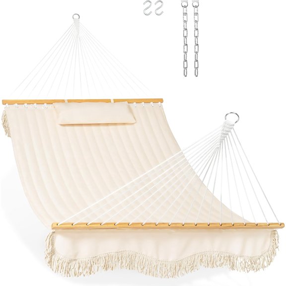 12 FT Double Quilted Fabric Hammock with Hardwood Spreader Bar, Tassels, Soft Pillow, Chains, 2 Person Hammock for Outside Patio Backyard Poolside, 450 LBS Weight Capacity, Cream