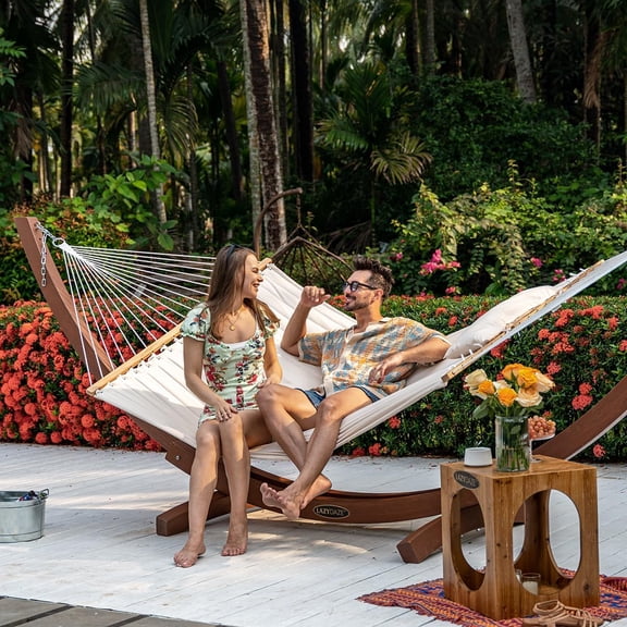 12 FT Double Quilted Fabric Hammock with Spreader Bar and Detachable Pillow, 2 Person Hammock for Outdoor  Backyard Poolside, 450lbs Weight Capacity, Natural