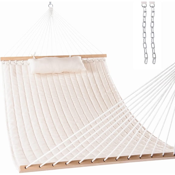 12 FT Double Quilted Fabric Hammock with Spreader Bar and Detachable Pillow, 2 Person Hammock for Outdoor Patio Backyard Poolside, 450lbs Weight Capacity, Natural
