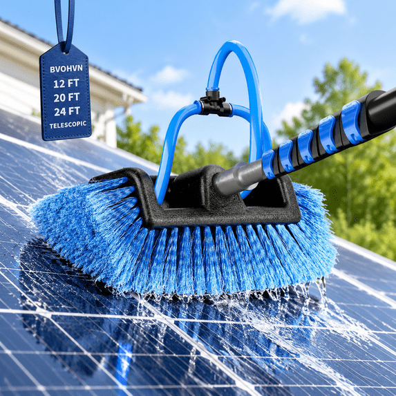 Solar Cleaner Solution 12 FT Extendable Solar Panel Cleaning Brush with Water Fed Handle and ...
