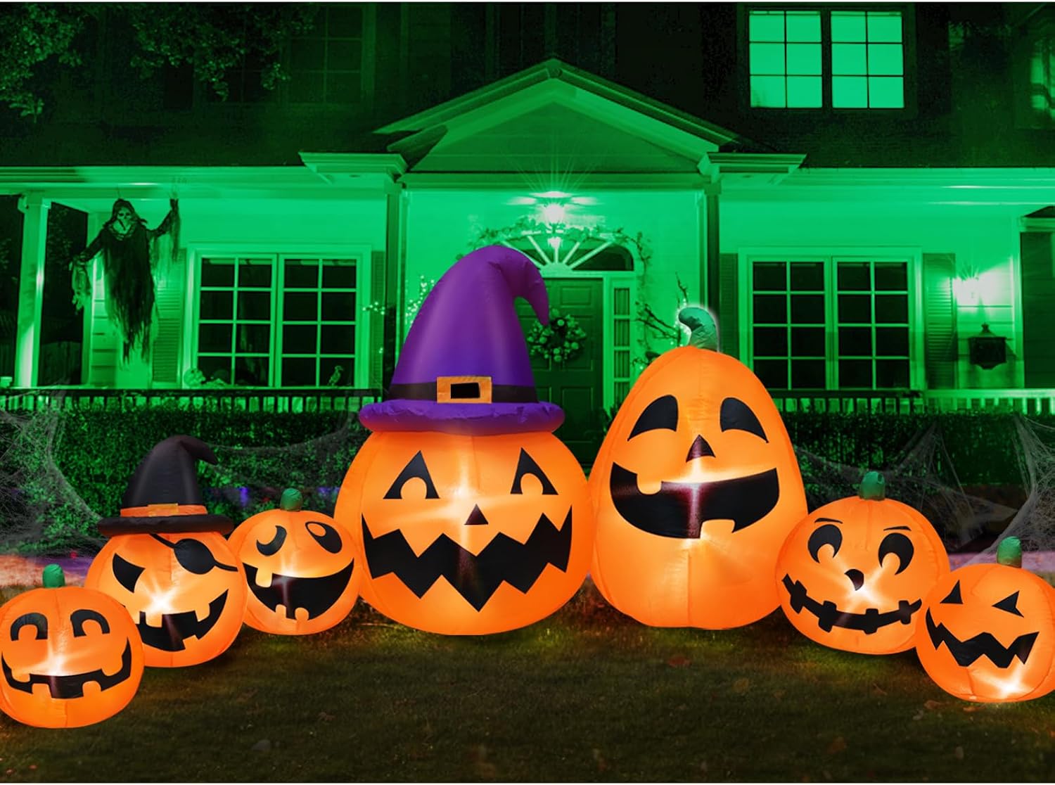 12 FT Extra Long Seven Halloween Inflatables Pumpkins with 2 Witch Hats