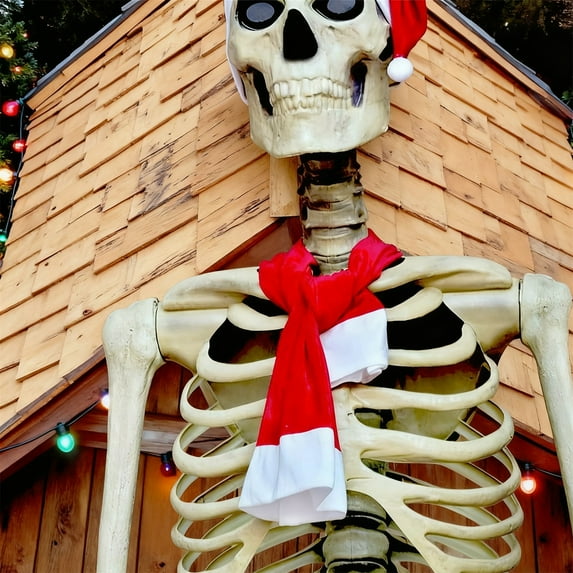 12 FT Giant Skeleton Santa Outfit Hat and Scarf Set for Outdoor Christmas Decoration Yard Display Holiday Decor