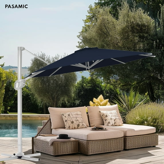 12 FT Patio Umbrella Cantilever Offset Umbrella, 360°Rotation & Cross Base, Navy Blue