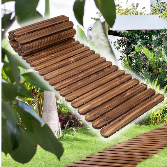 12 FT Roll Out Garden Pathway Straight - Non-Slip Wooden Walkway with ...