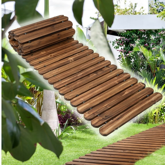 12 FT Roll Out Garden Pathway Straight - Non-Slip Wooden Walkway with Rounded Edges, Instant Outdoor Decoration
