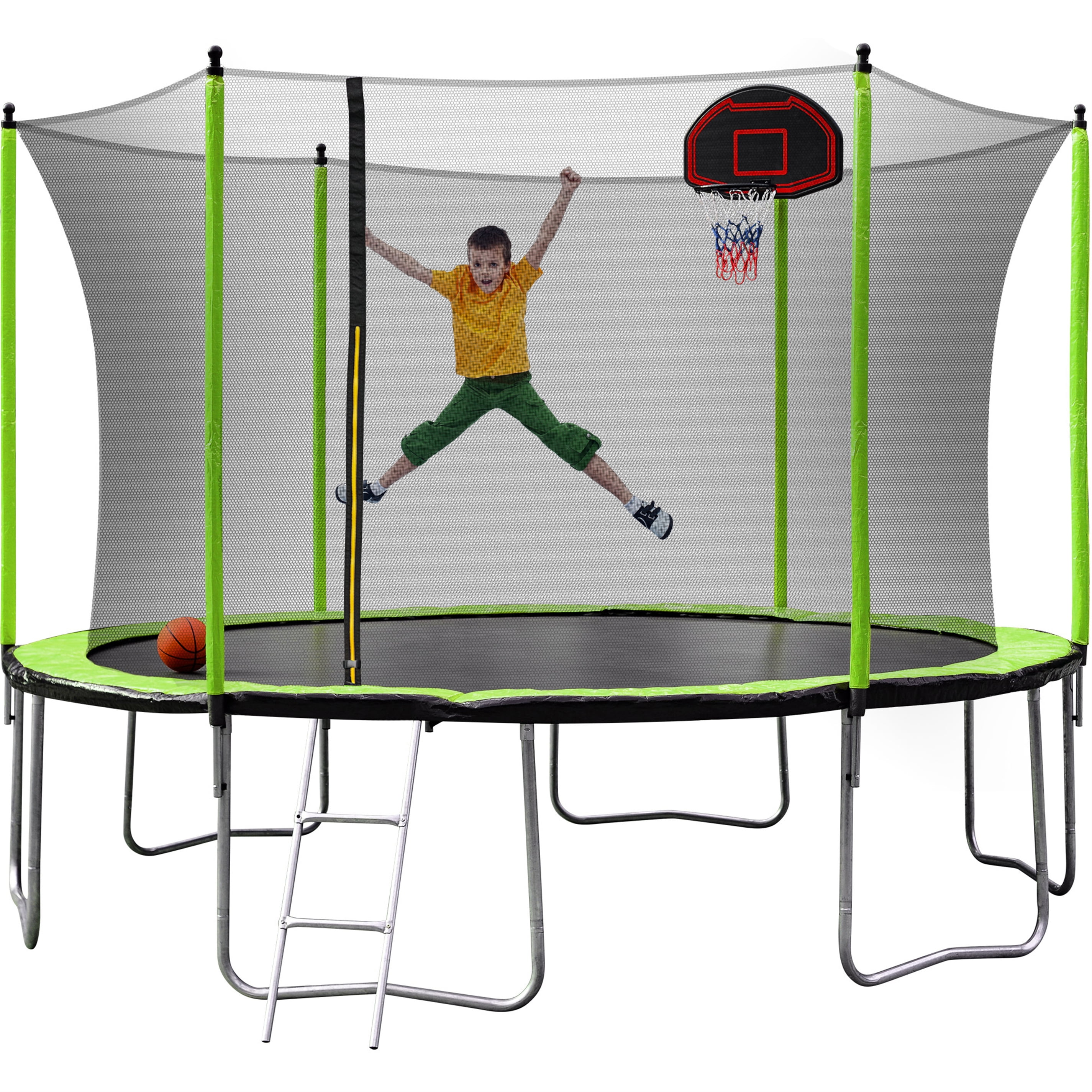 12 FT Trampoline for Kids Aukfa Outdoor Toddler Trampoline with Safety Enclosure Net Ladder and Basketball Hoop 264 LBS Capacity Inner Safety Enclosure Orange Walmart
