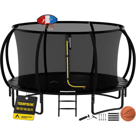 12 FT Trampoline Outdoor, 12 FT Trampoline with Basketball Hoop, Trampoline with Safety Enclosure Net, Heavy Duty Anti-Rust Coating Recreational Trampoline for Kids and Adults with Wind Stakes Ladder
